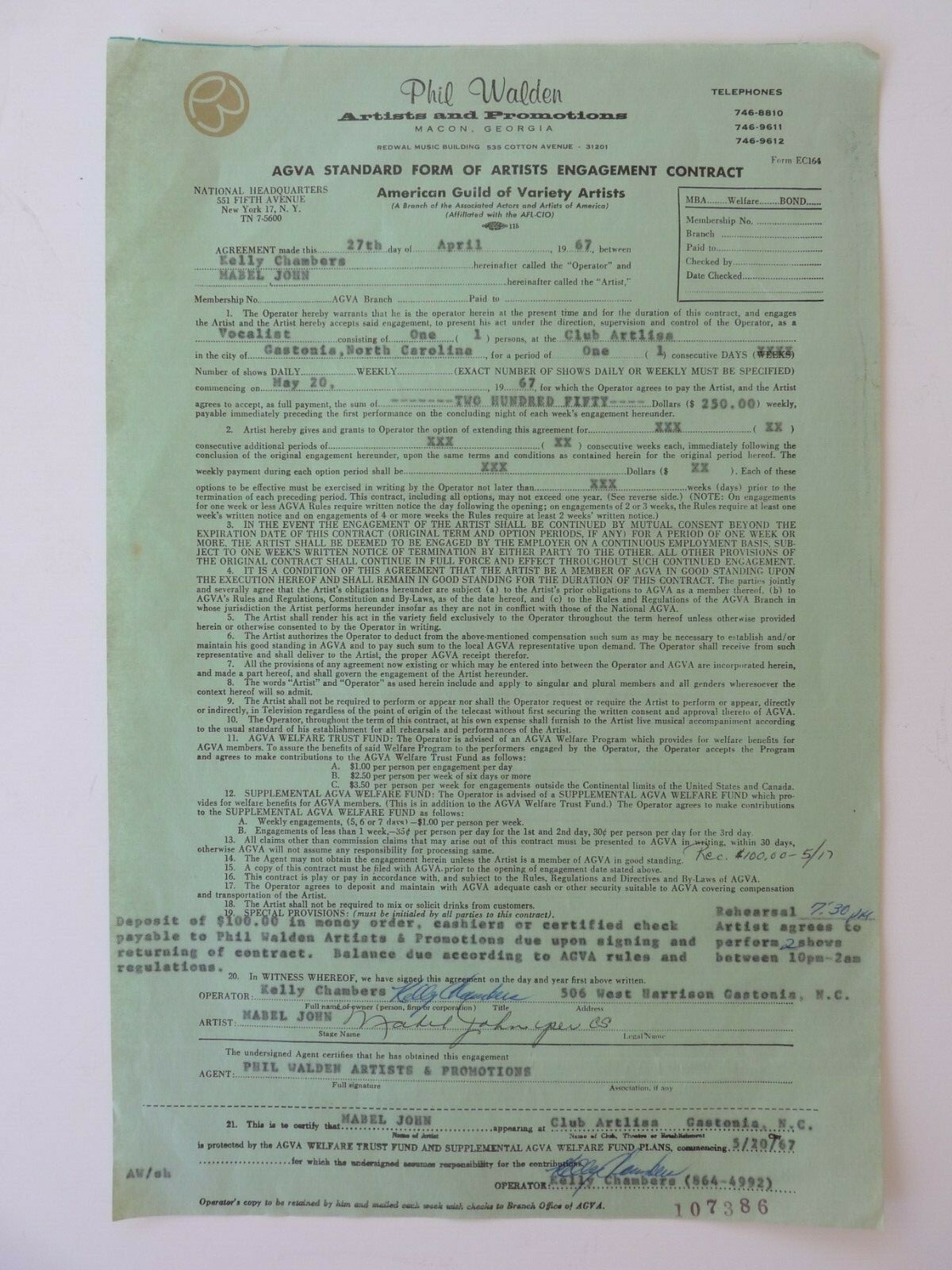 Mable John Signed 4-27-67 Live Performance Concert Contract