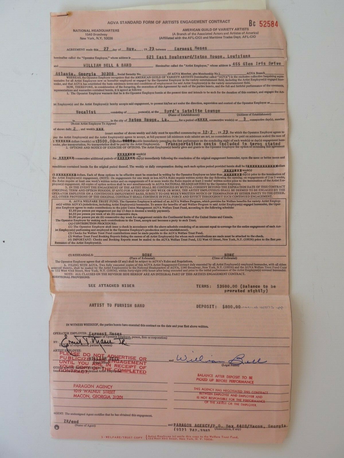 WILLIAM BELL BAND DUAL SIGNED 11-27-73 LIVE PERFORMANCE CONCERT CONTRACT RIDER COLLECTIBLE MEMORABILIA