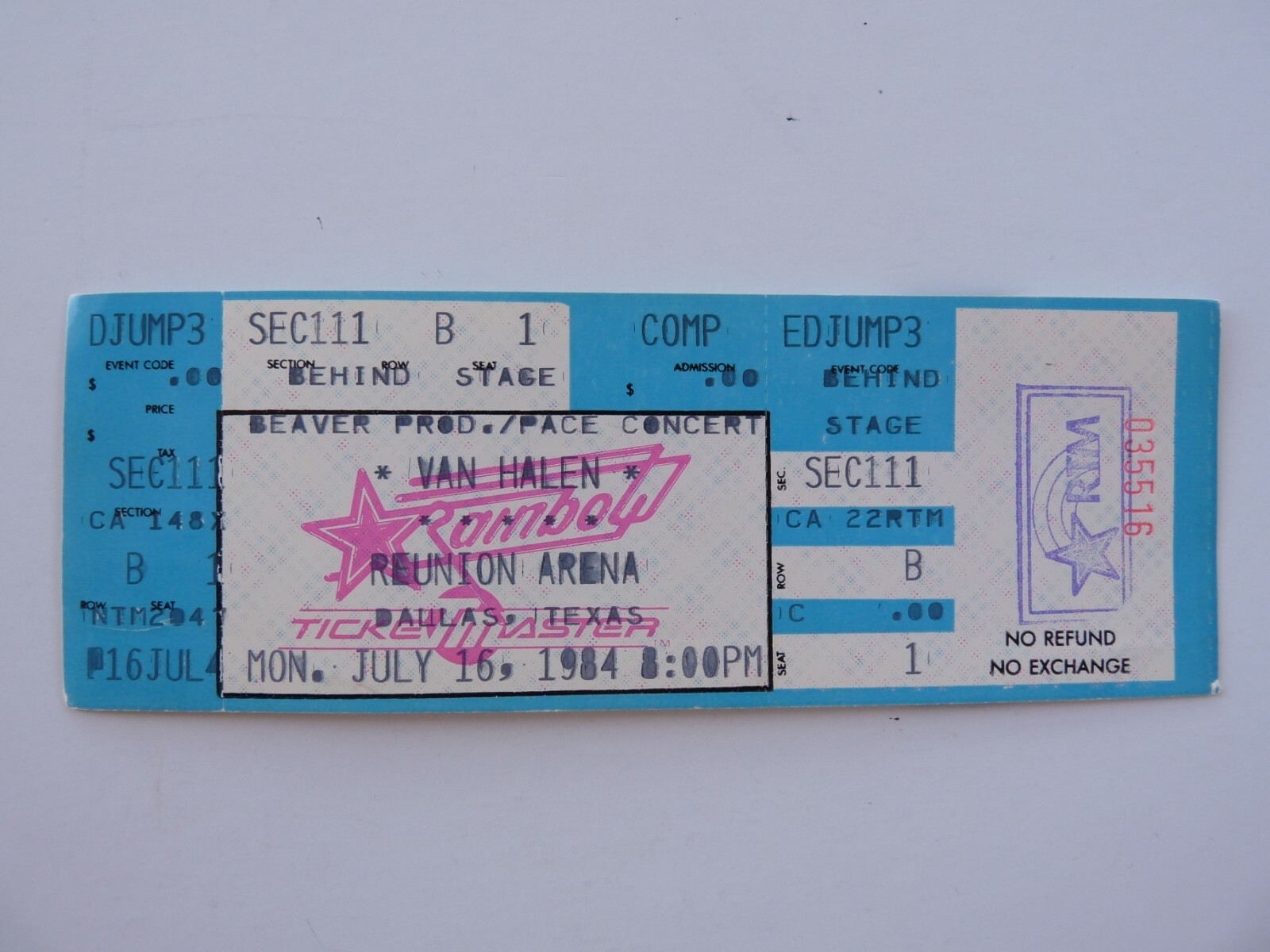 Van Halen 7-16-84 Dallas, TX 1984 Tour Un-Used Concert Ticket Eddie David Lee