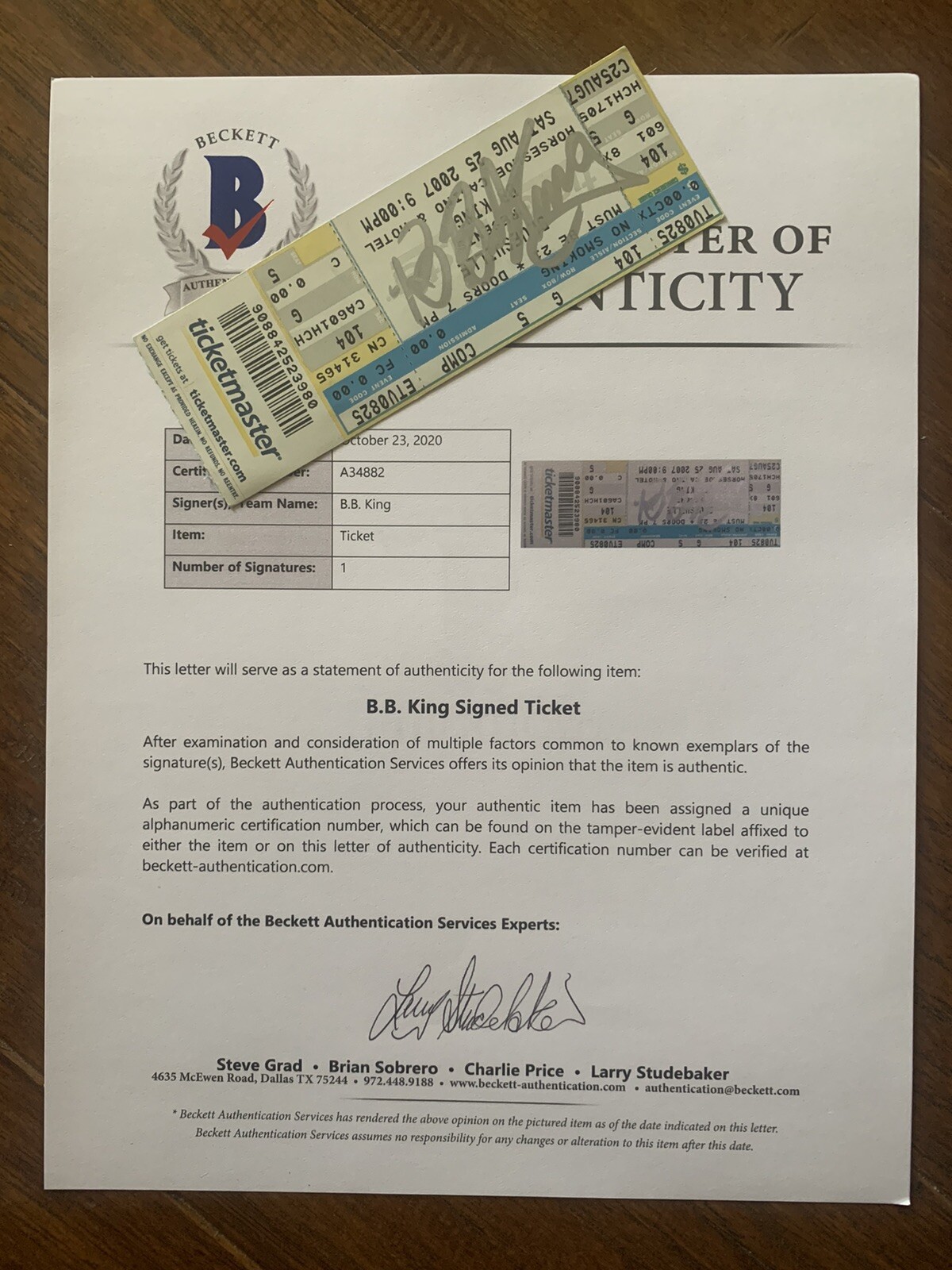 BB King Signed Autographed Beckett Certified Ticket #1