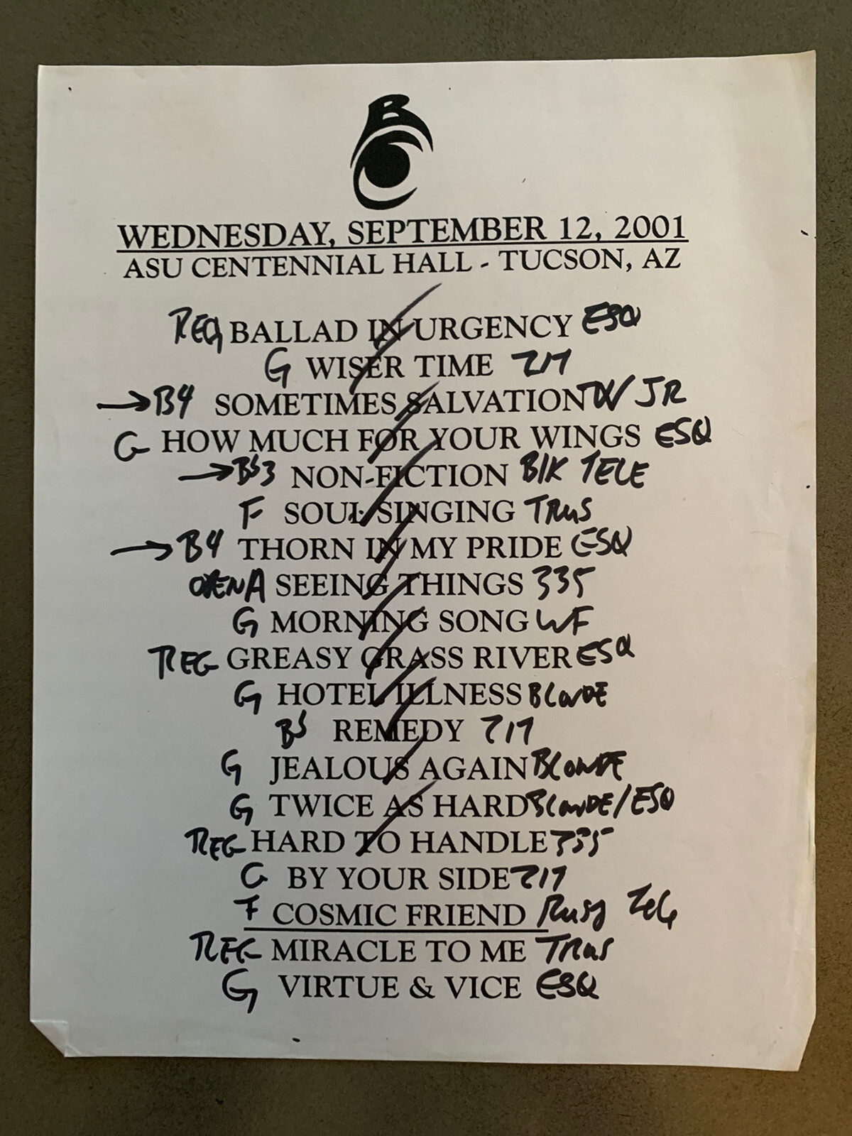 The Black Crowes 9-12-01 Tour Concert Used Set List W/ Notes Tucson, AZ