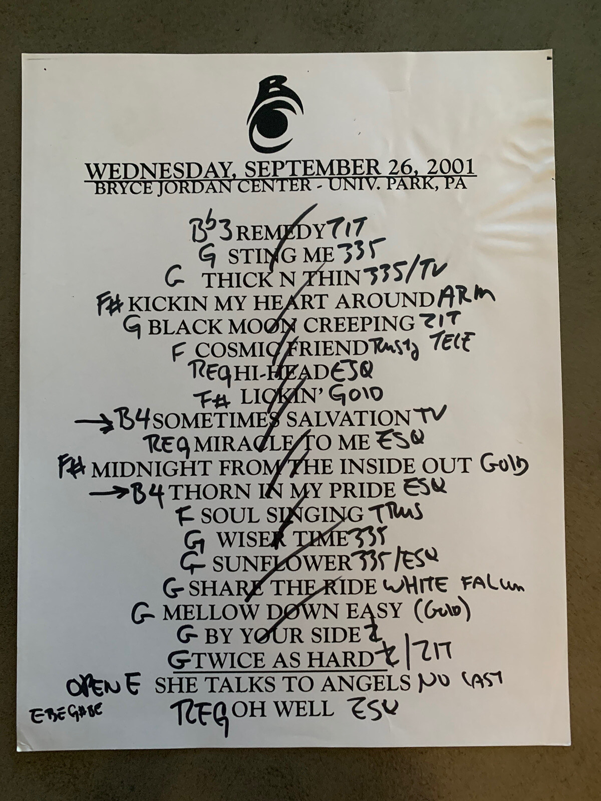 The Black Crowes 9-26-01 Tour Concert Used Set List W/ Notes Univ. Park, PA