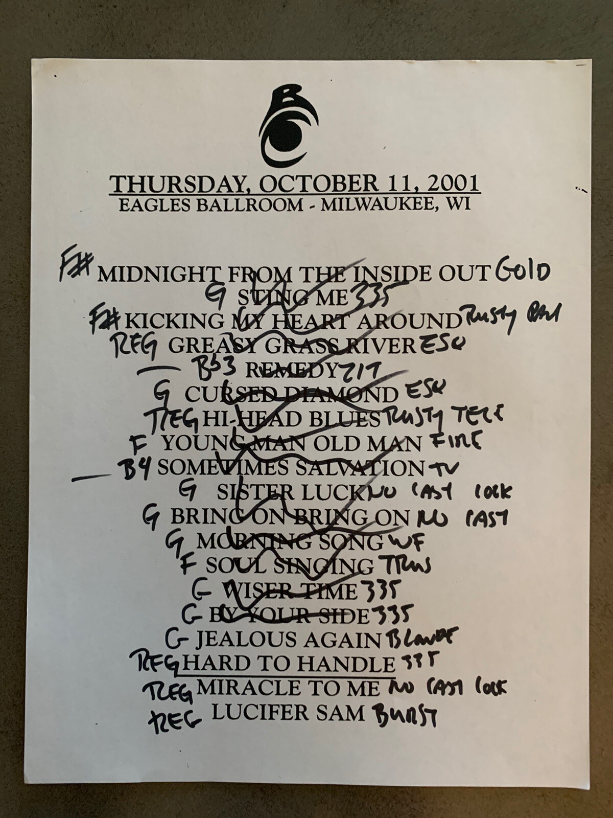 The Black Crowes 10-11-01 Tour Concert Used Set List W/ Notes Milwaukee, WI