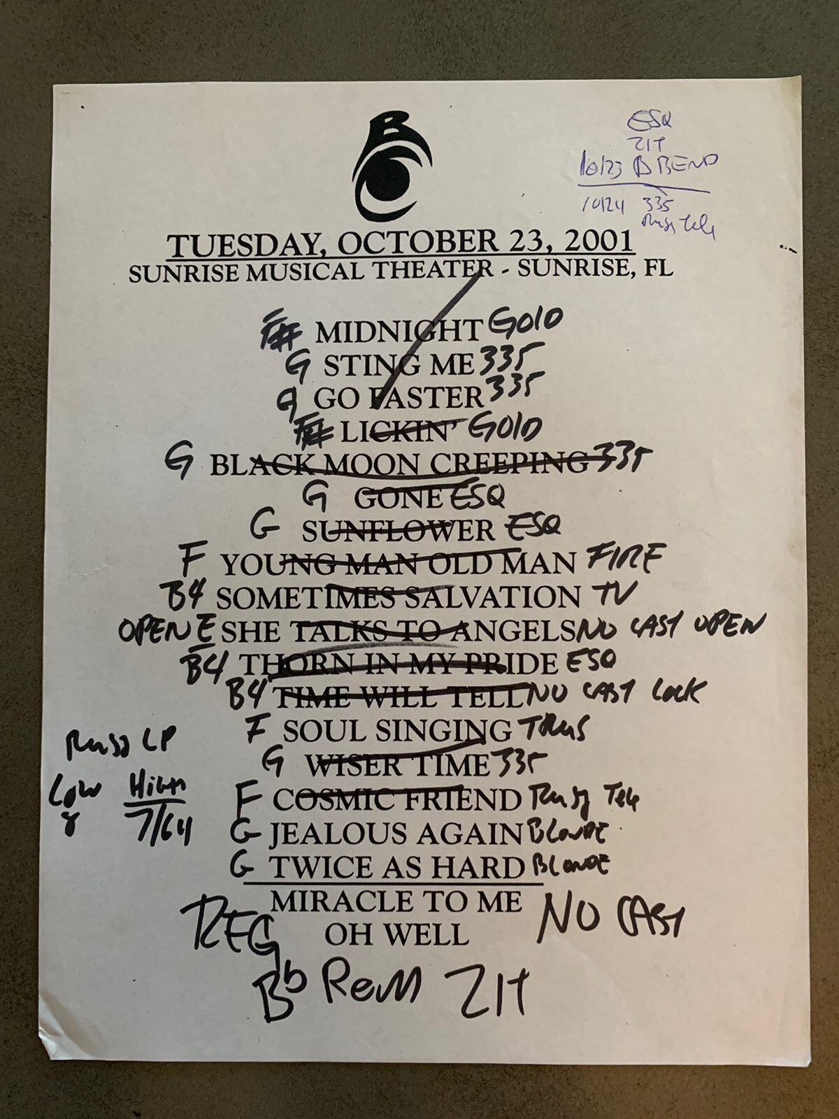 The Black Crowes 10-23-01 Tour Concert Used Set List W/ Notes Sunrise, FL