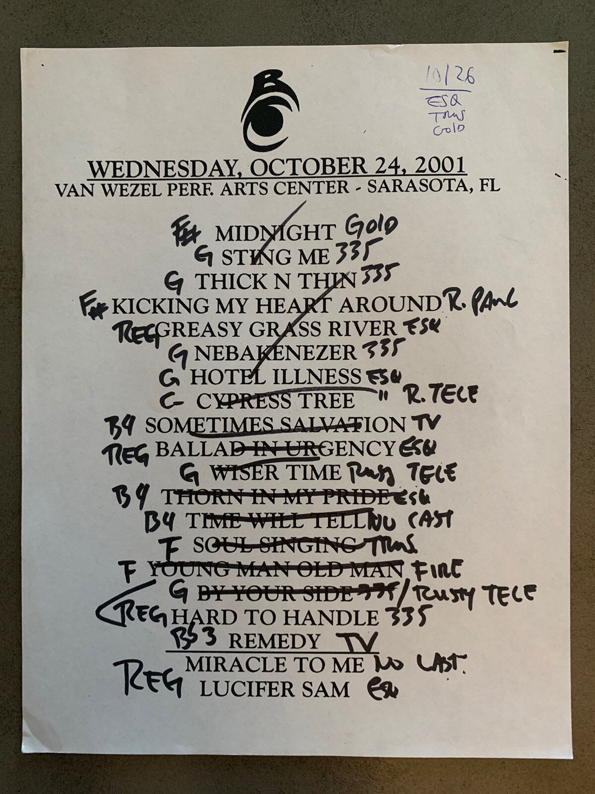 The Black Crowes 10-24-01 Tour Concert Used Set List W/ Notes Sarasota, FL
