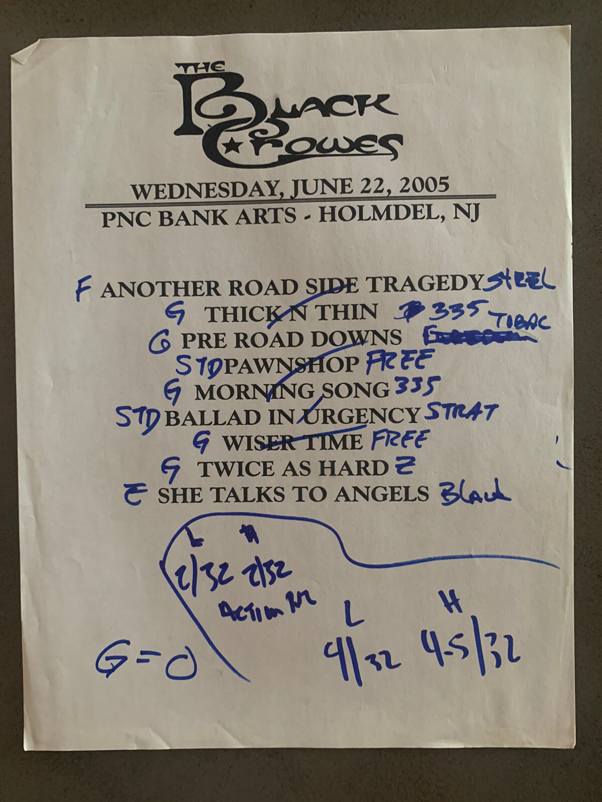 The Black Crowes 6-22-05 Tour Concert Used Set List W/ Notes Holmdel, NJ