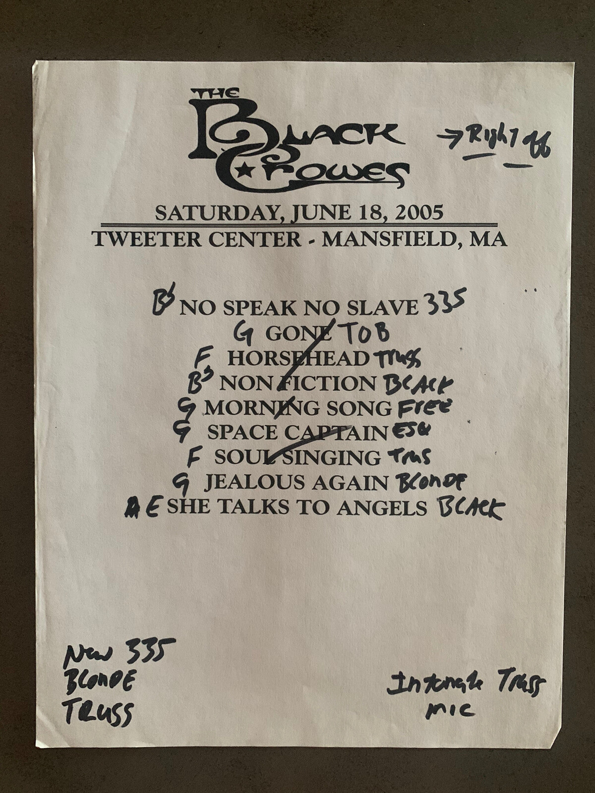 The Black Crowes 6-18-05 Tour Concert Used Set List W/ Notes Mansfield, MA