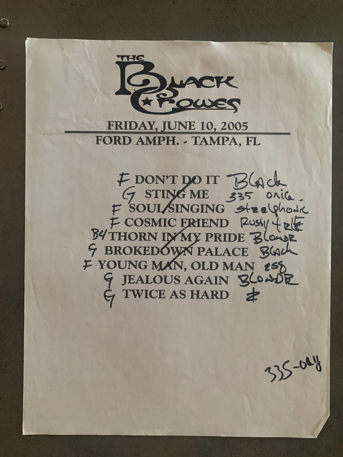 The Black Crowes 6-10-05 Tour Concert Used Set List W/ Notes Tampa, FL