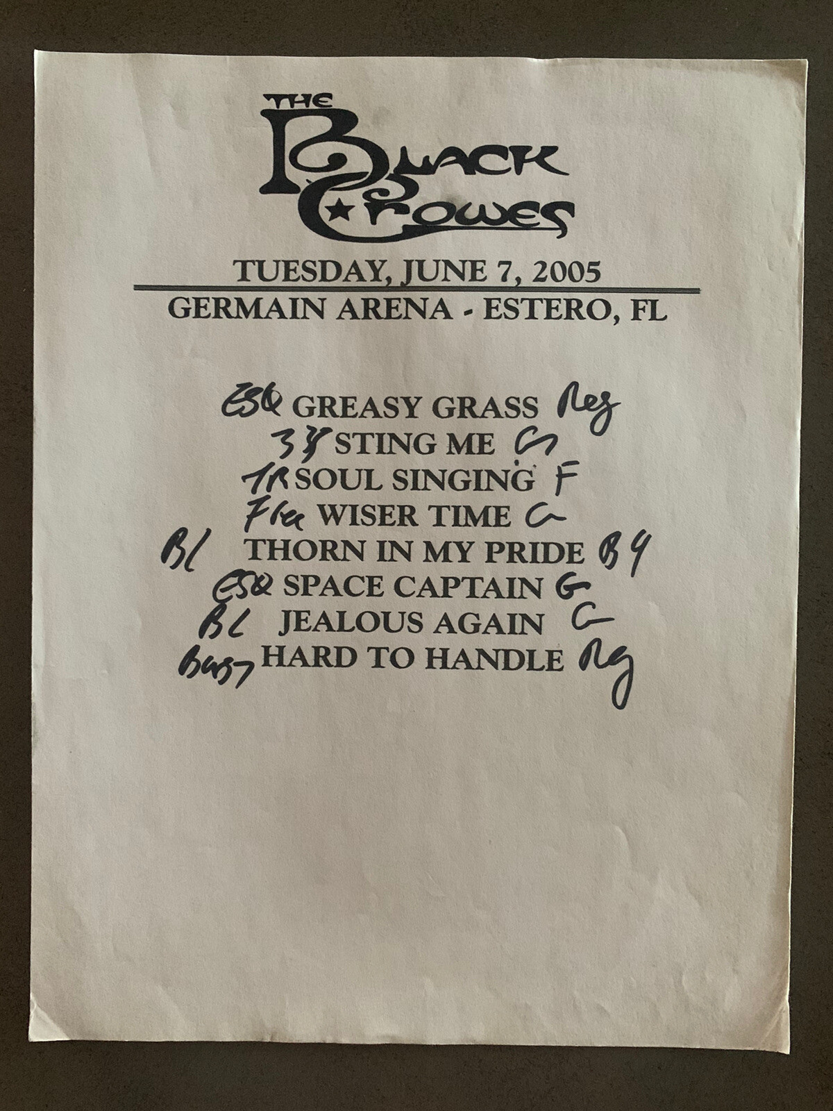 The Black Crowes 6-7-05 Tour Concert Used Set List W/ Notes Estero, FL