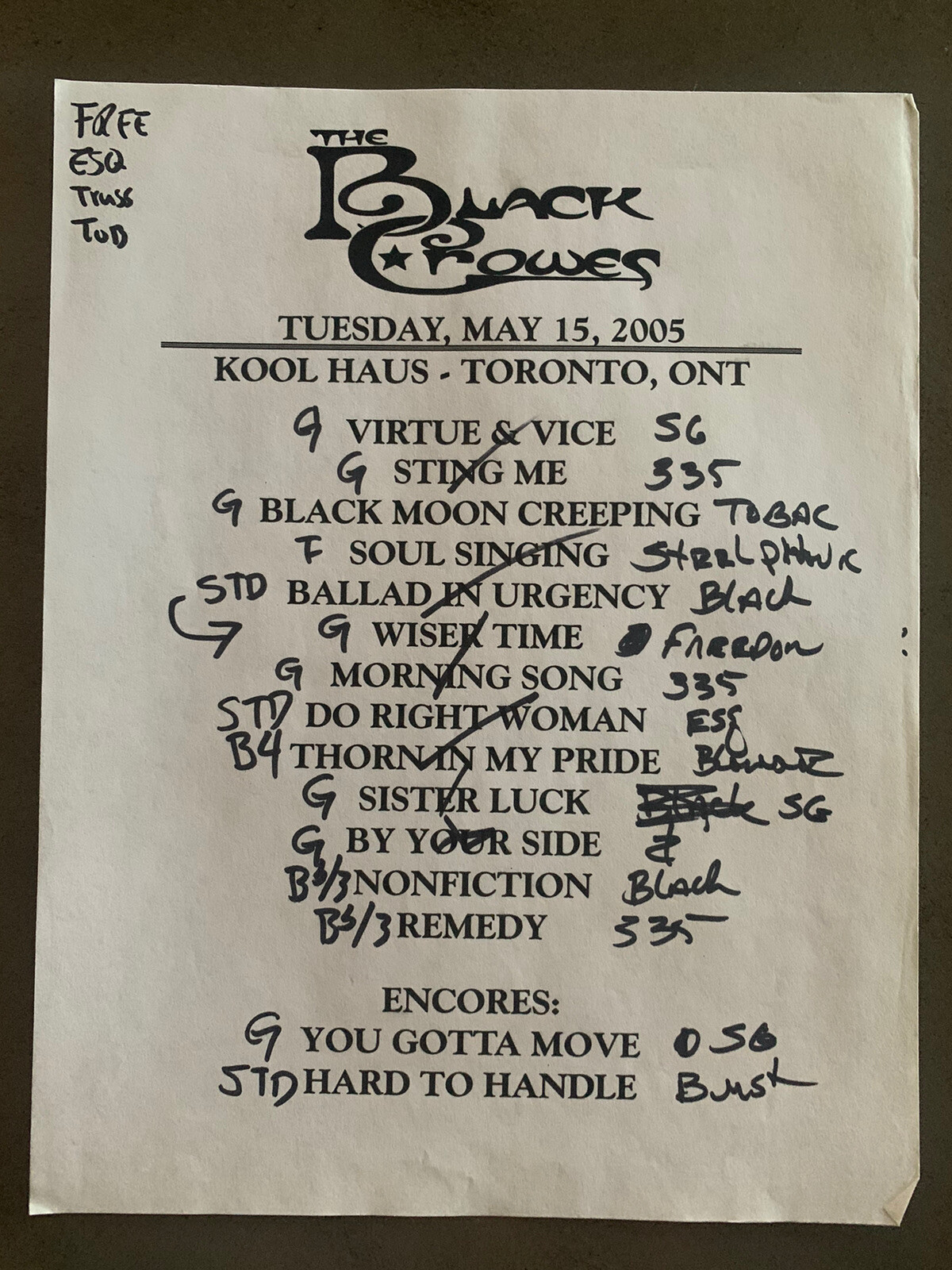 The Black Crowes 5-15-05 Tour Concert Used Set List W/ Notes Toronto, ONT Canada