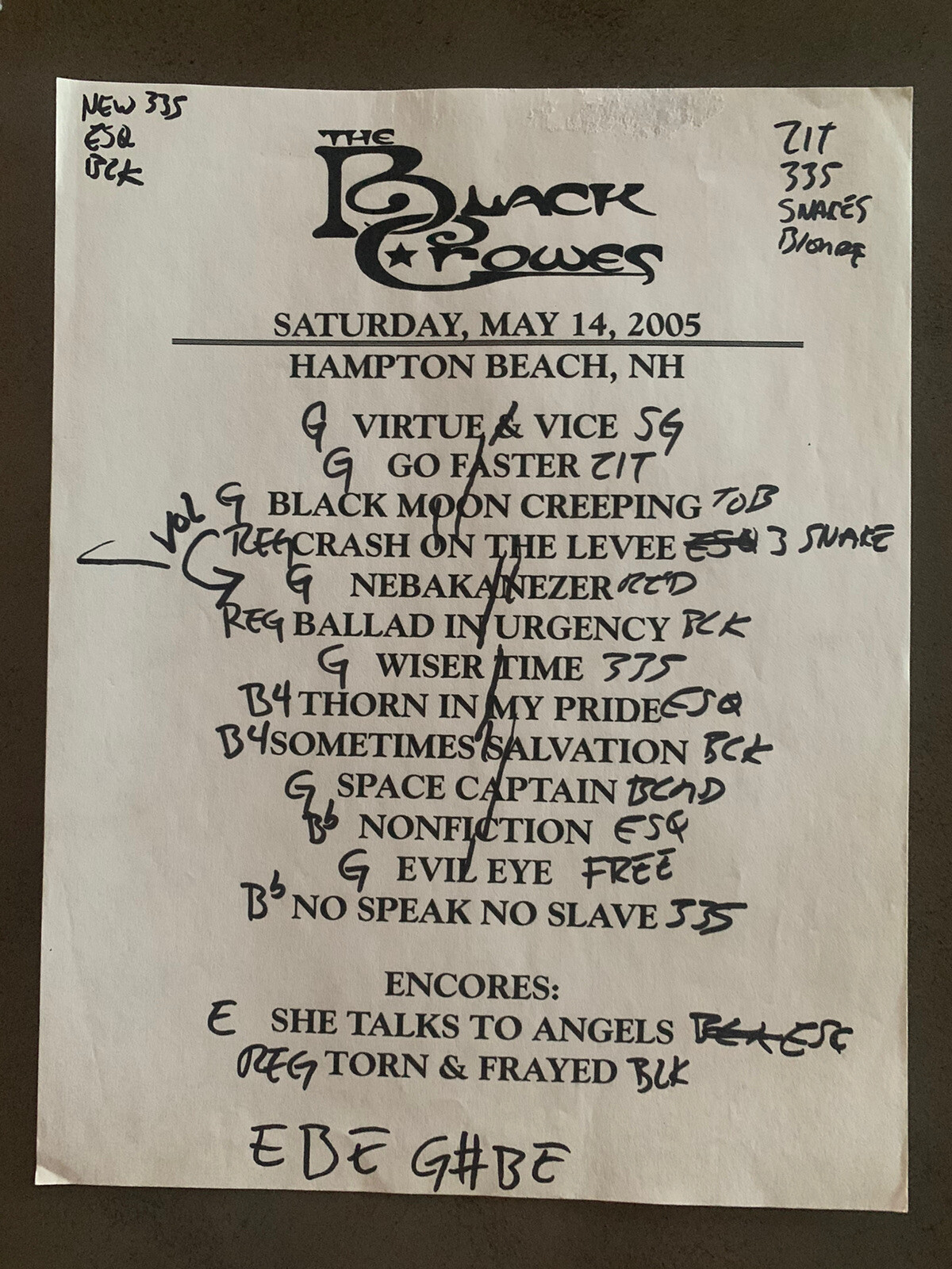 The Black Crowes 5-14-05 Tour Concert Used Set List W/ Notes Hampton Beach, NH