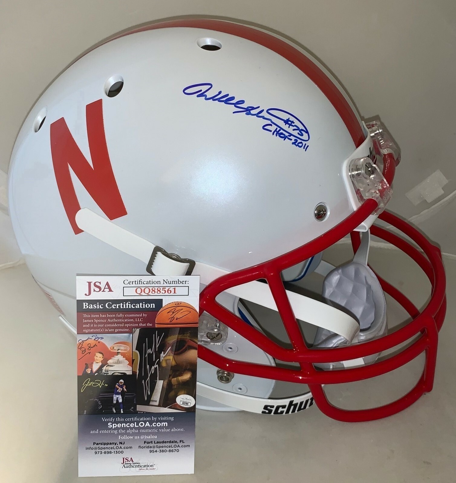 WILL SHIELDS KC CHIEFS SIGNED NEBRASKA CORNHUSKERS F/S HELMET W/ CHOF INSC. JSA COLLECTIBLE MEMORABILIA