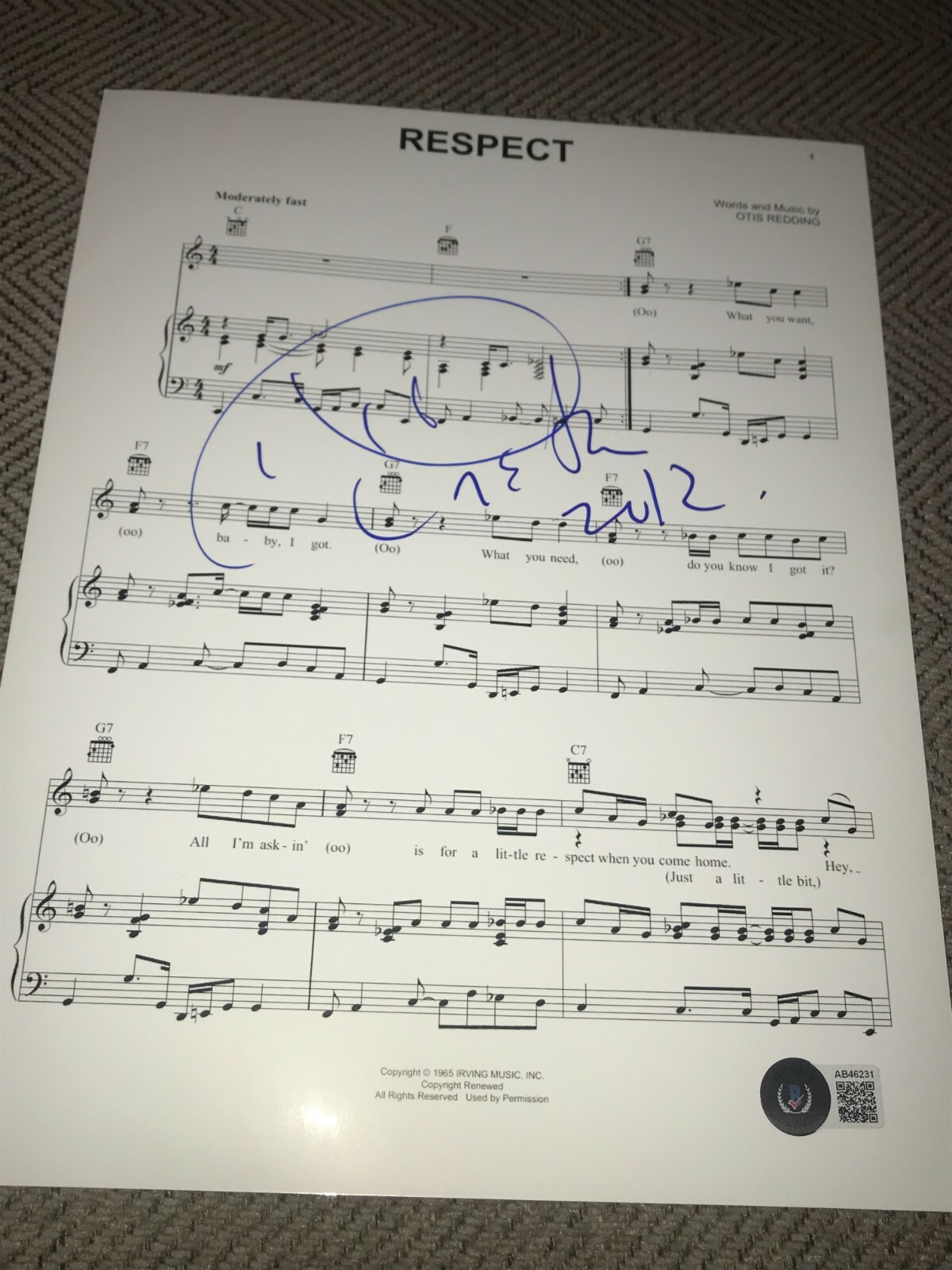 ARETHA FRANKLIN SIGNED AUTOGRAPH SHEET MUSIC RESPECT LEGEND ICON BECKETT BAS E