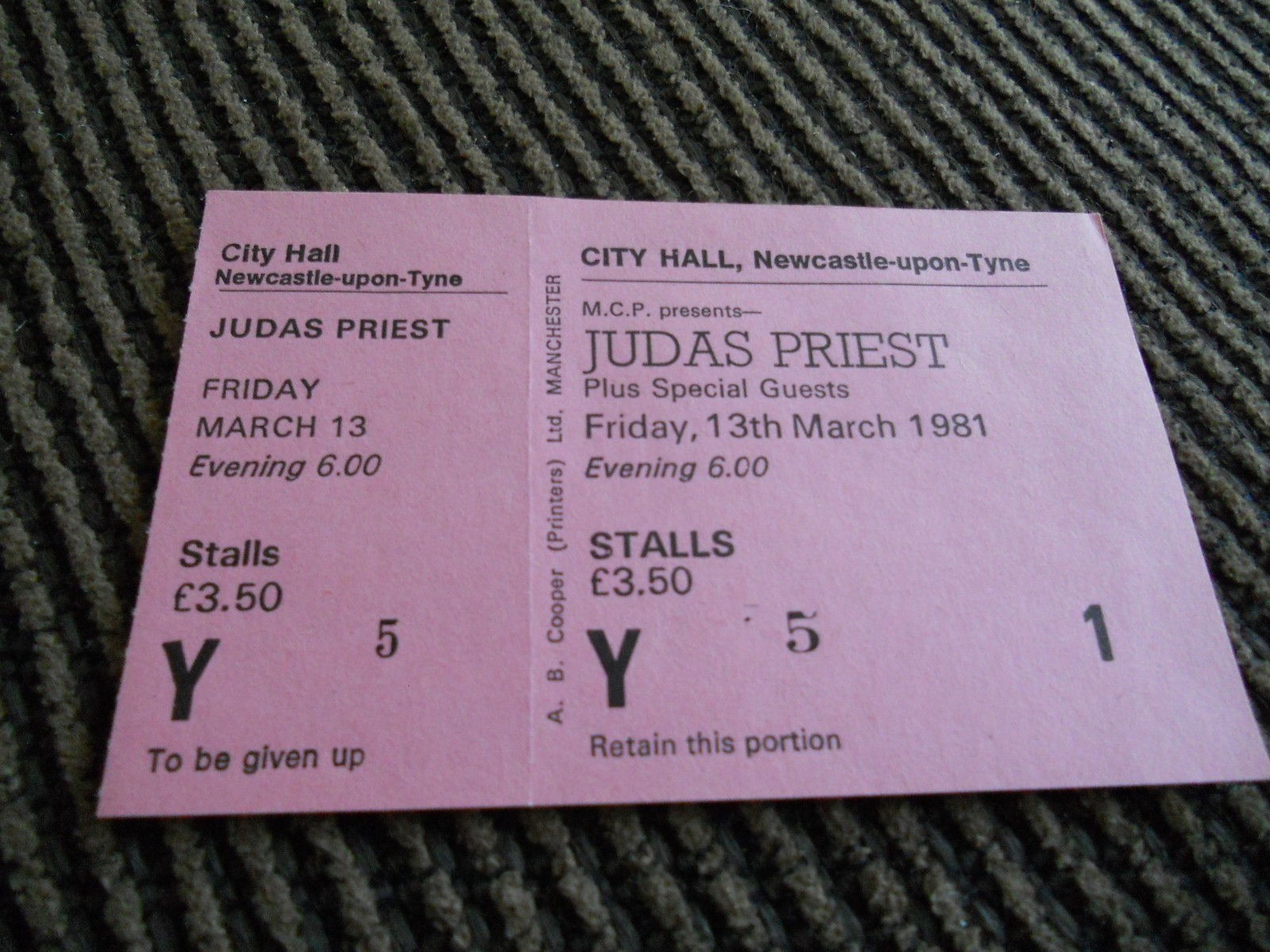 Judas Priest 3-13-81 1981 Point Entry Tour Un-Used Concert Ticket Newcastle Tyne