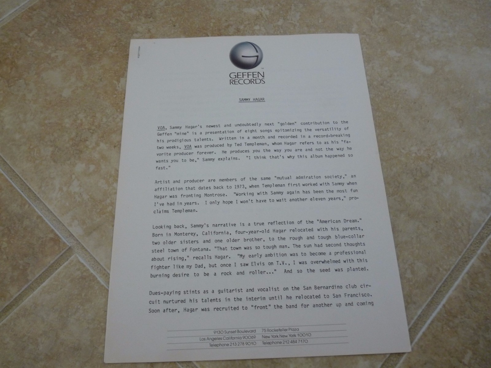 Sammy Hagar RARE Original VOA Geffen Records Press Release 3 Page Van Halen