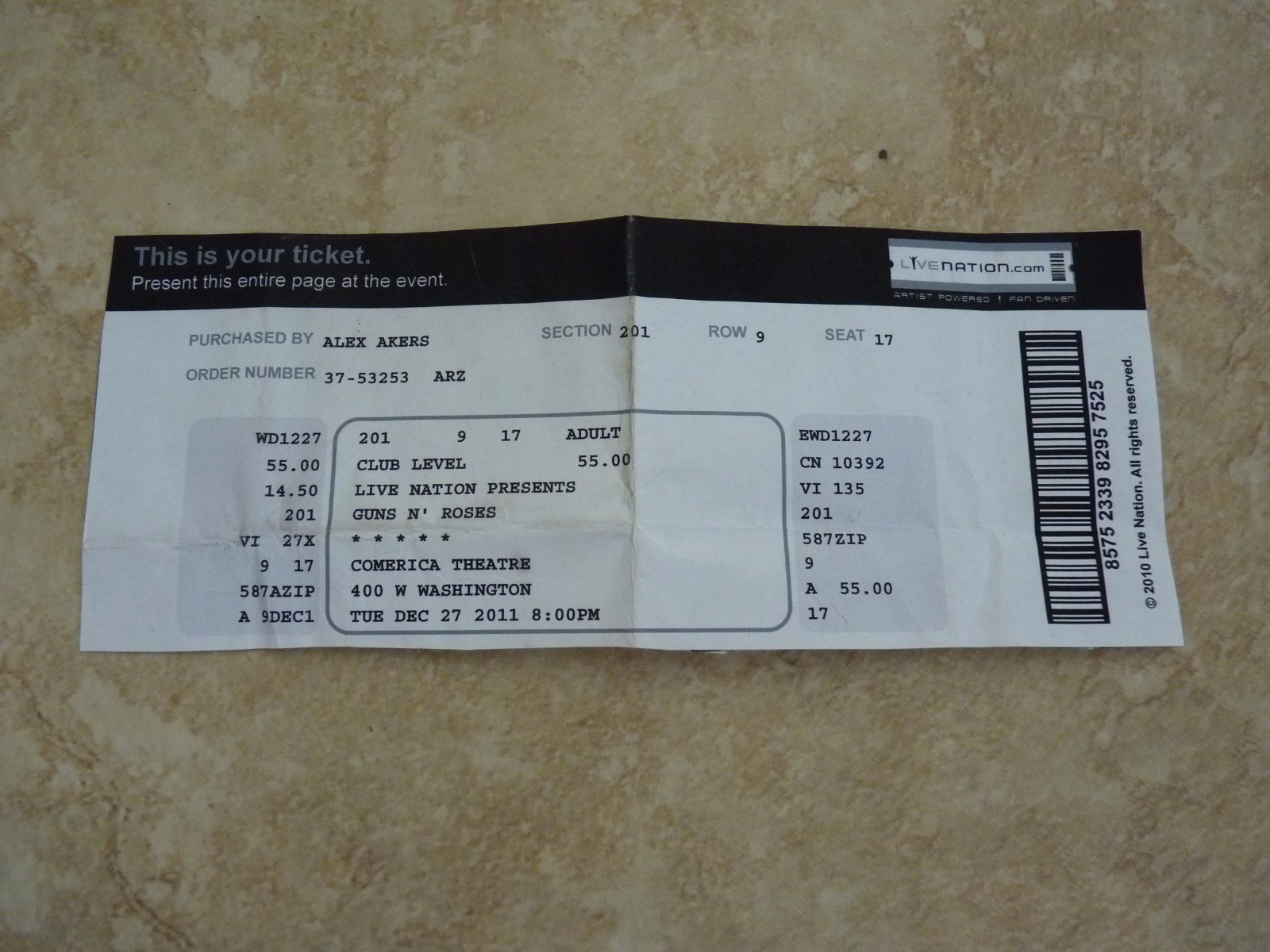 Guns N Roses Comerica 2011 Ticket UnUsed Stub