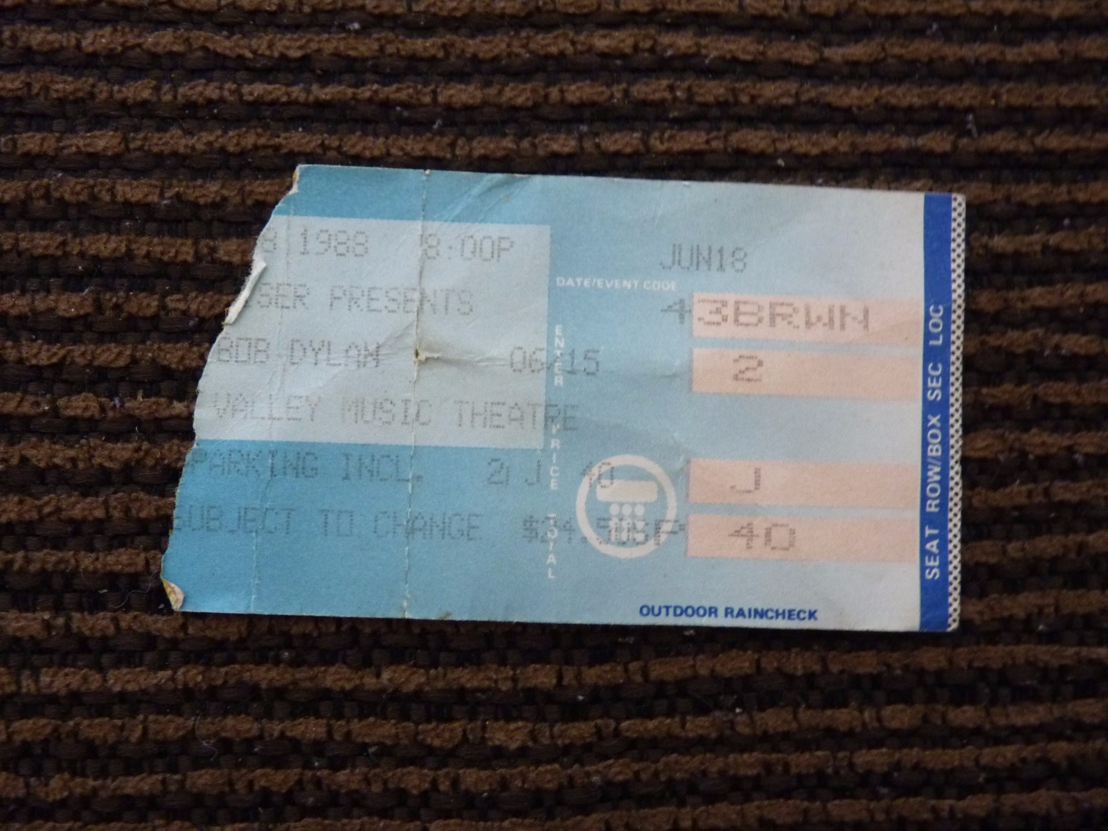 Bob Dylan June 18 1988 Used Concert Ticket Stub