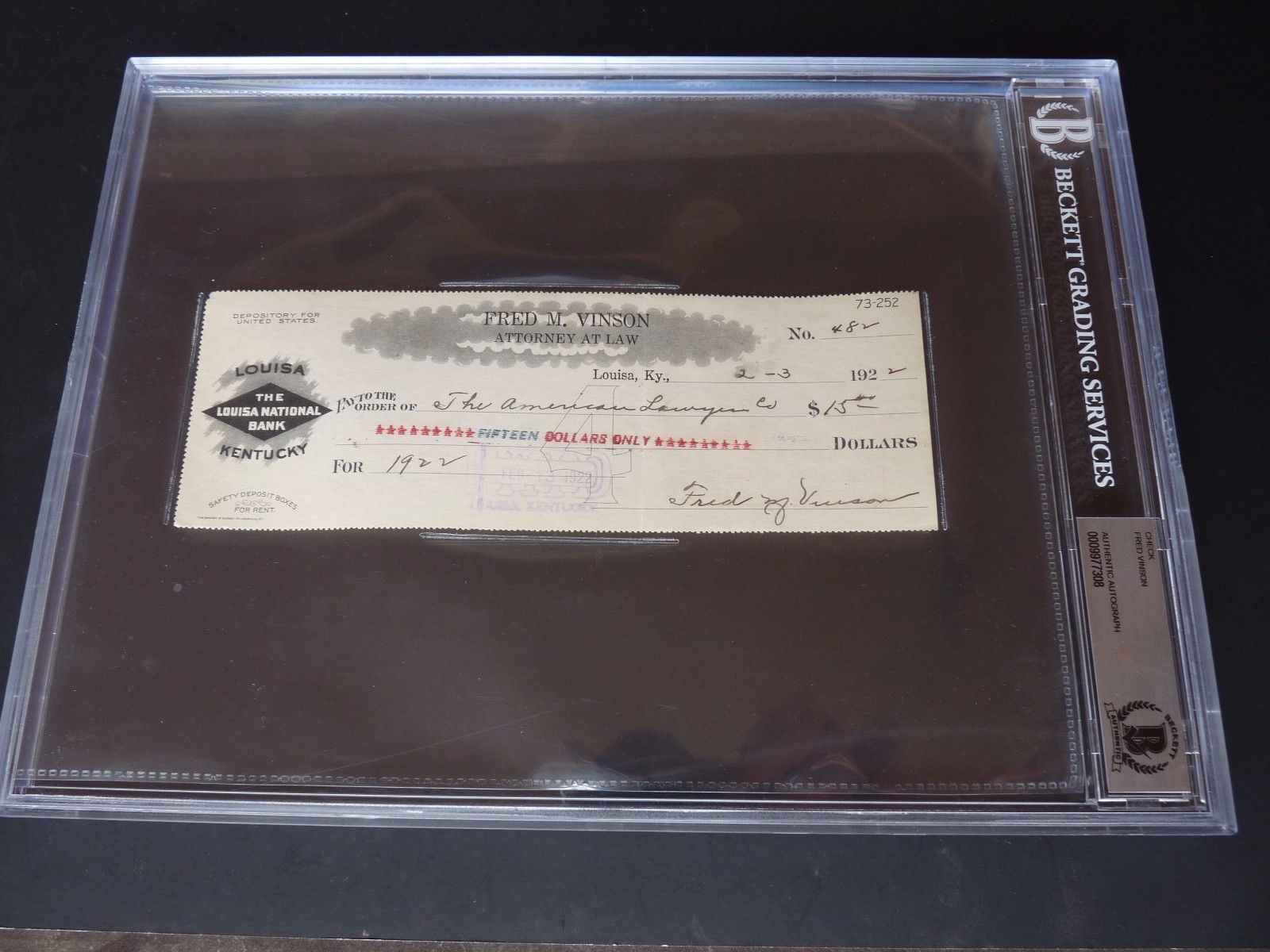 Fred Vinson Chief Justice Supreme Court Signed Check Beckett Certified Slabbed 5