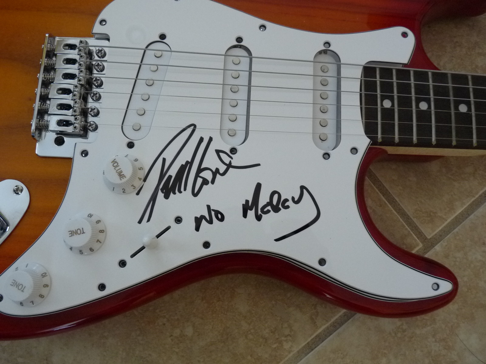 Phil Lewis L.A. Guns Signed Autographed Guitar NO MERCY Lyrics PSA Guaranteed