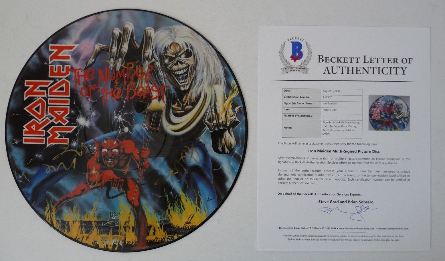 Iron Maiden Number Of The Beast X5 Band Signed Picture Disc LP BECKETT Certified