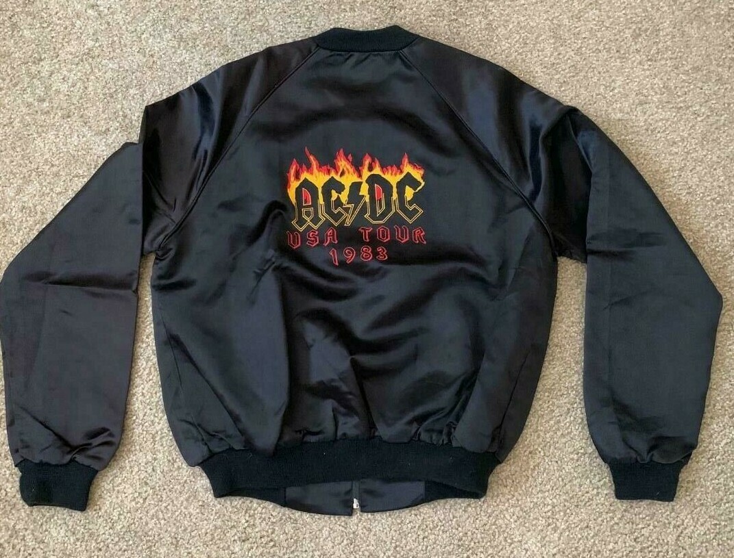 1983 AC/DC FLICK OF THE SWITCH US BLACK SATIN TOUR JACKET SIZE S, M & L NEW NOS COLLECTIBLE MEMORABILIA