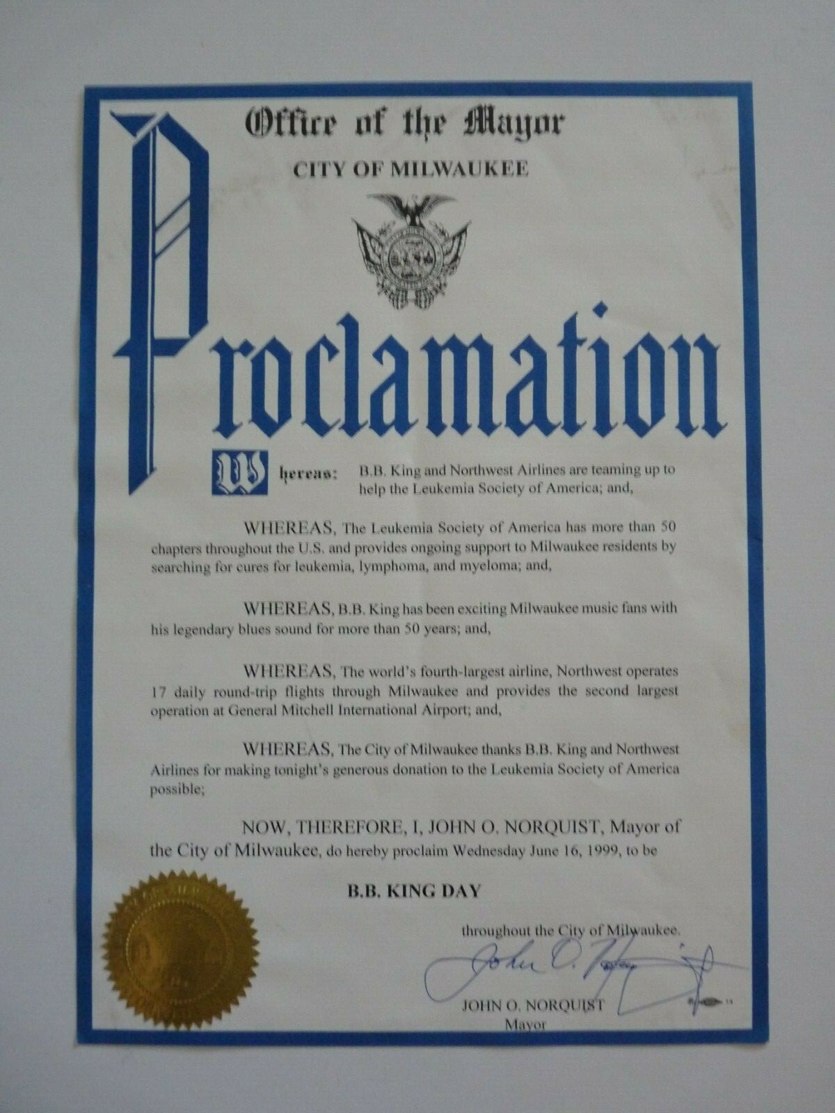 BB King OWNED Milwaukee 1999 BB King Day Award JULIEN'S Estate Auction 2 Pages