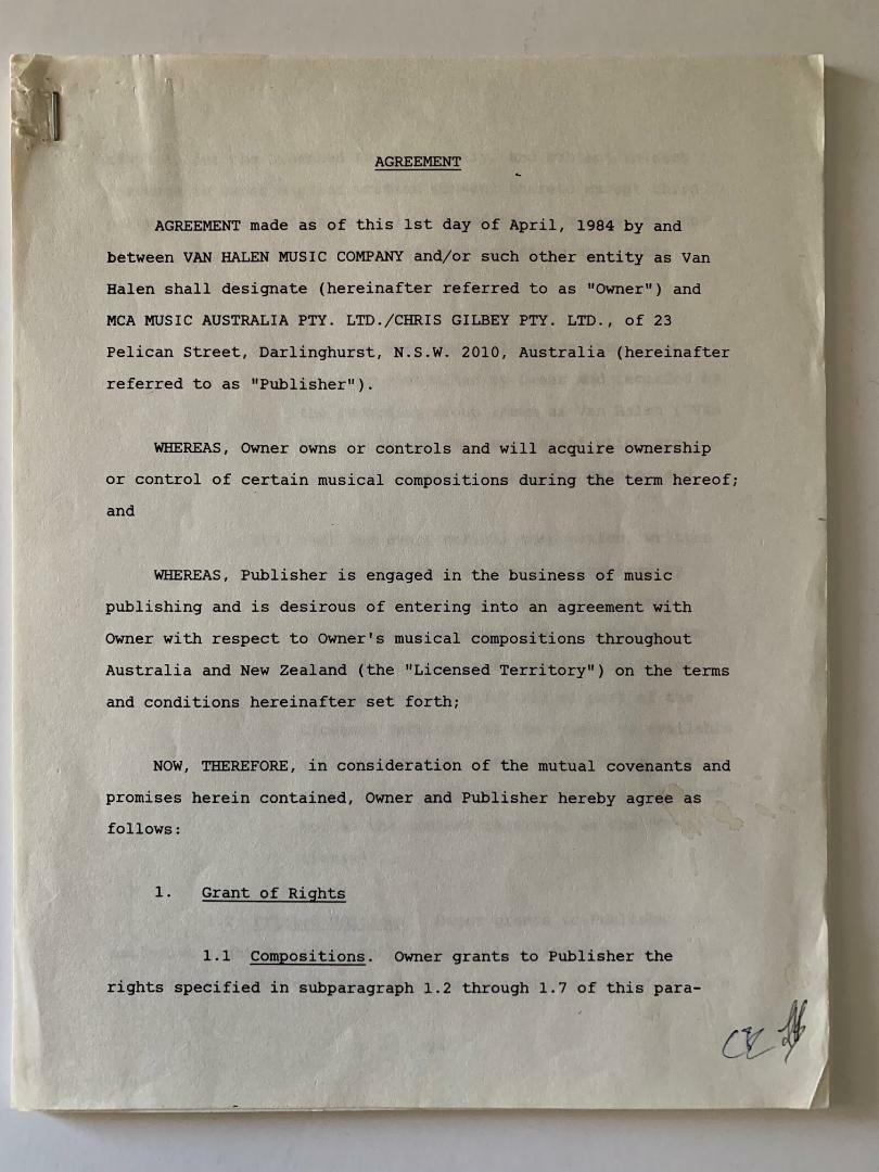 VAN HALEN ORIGINAL 1984 PUBLISHING CONTRACT SIGNED DAVID LEE ROTH BAS CERTIFIED COLLECTIBLE MEMORABILIA