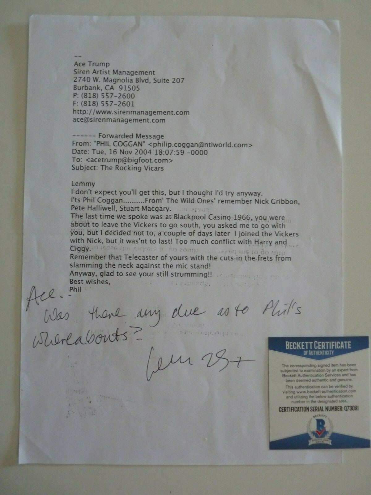 Lemmy Kilmister Motorhead Hand Written Signed E-Mail Letter BECKETT Certified #1