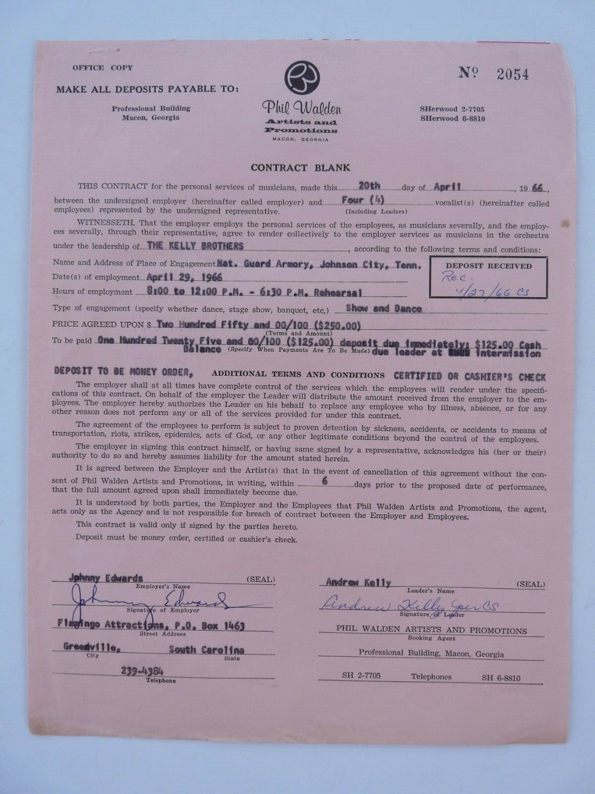 The Kelly Brothers Signed 4-20-66 Live Performance Concert Contract Curtis Andre