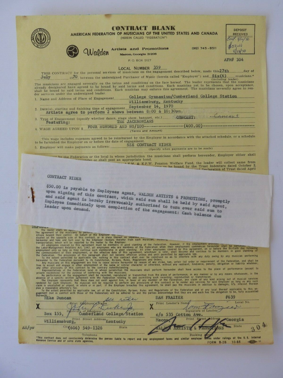 The Jacksonians Sam Frazier Signed 7-27-70 Live Performance Concert Contract