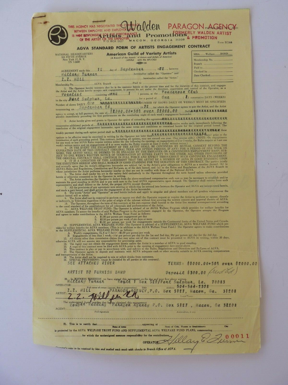 Z.Z. HILL DUAL SIGNED 9-12-72 LIVE PERFORMANCE CONCERT CONTRACT & RIDER COLLECTIBLE MEMORABILIA