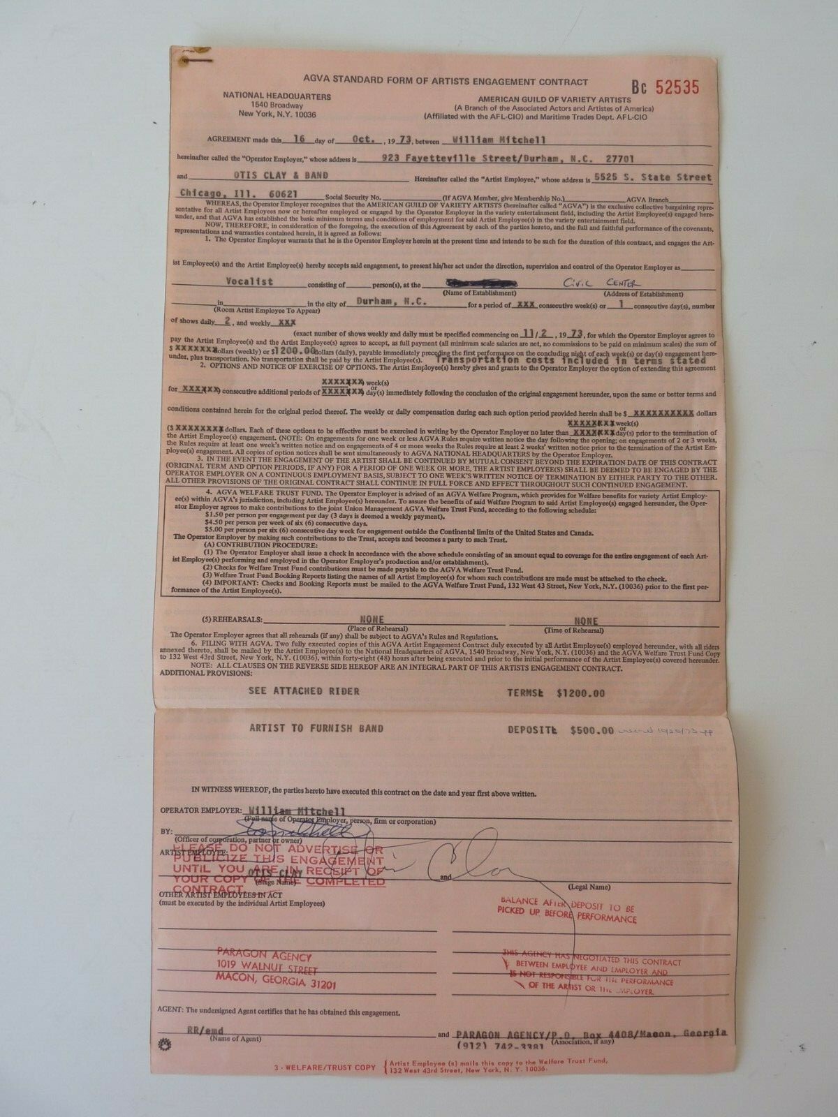Otis Clay DUAL Signed 10-16-73 Live Performance Concert Contract & Rider