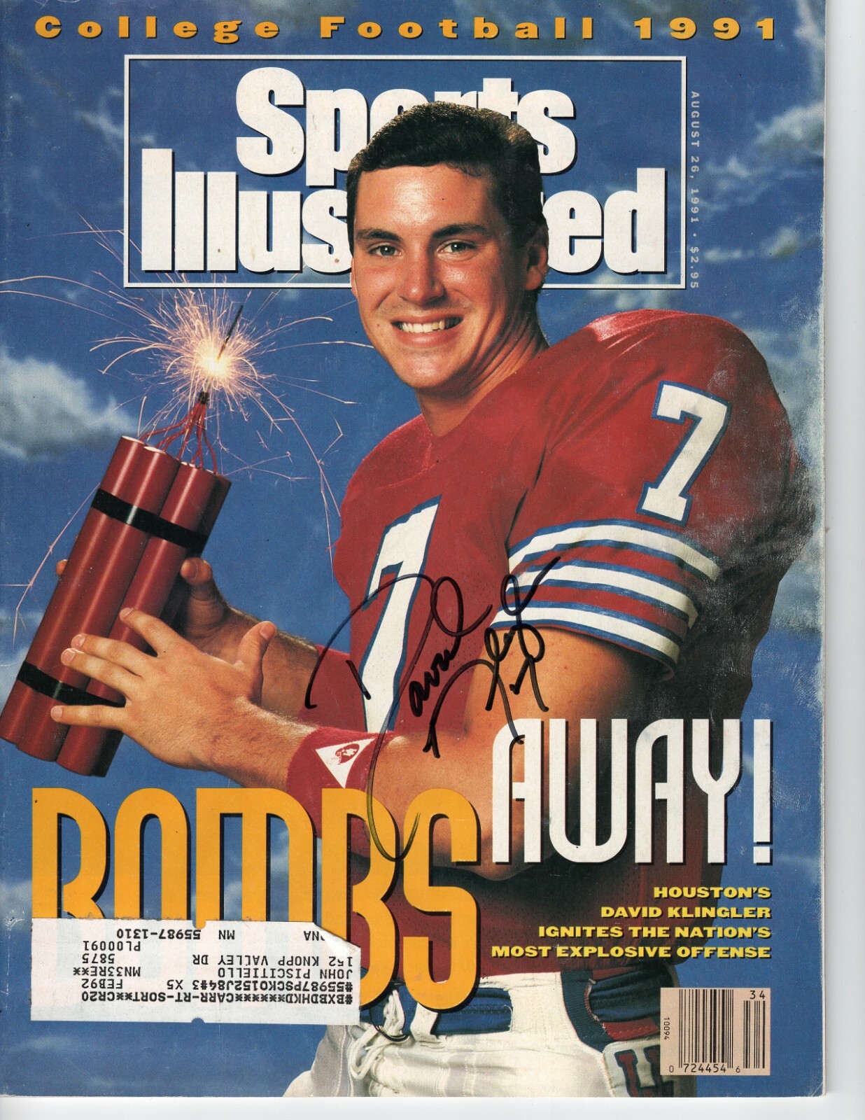 HOUSTON DAVID KLINGLER SIGNED SPORTS ILLUSTRATED MAGAZINE 8/26/1991