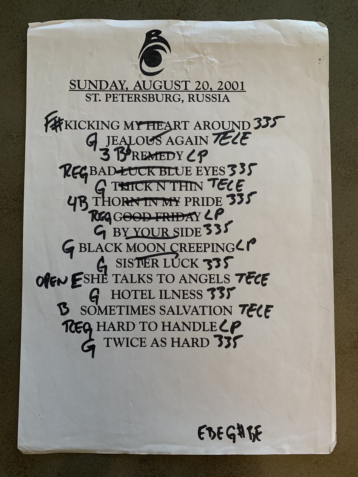 The Black Crowes 8-20-01 Tour Concert Used Set List W Notes St Petersburg Russia
