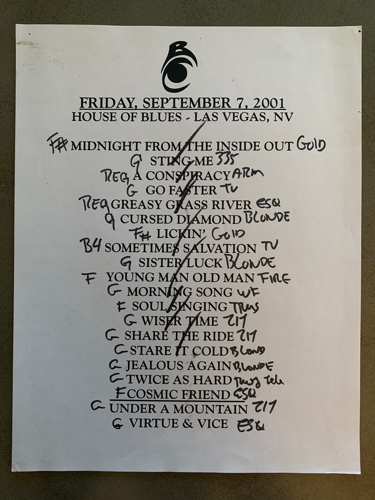 The Black Crowes 9-7-01 Tour Concert Used Set List W/ Notes Las Vegas, NV