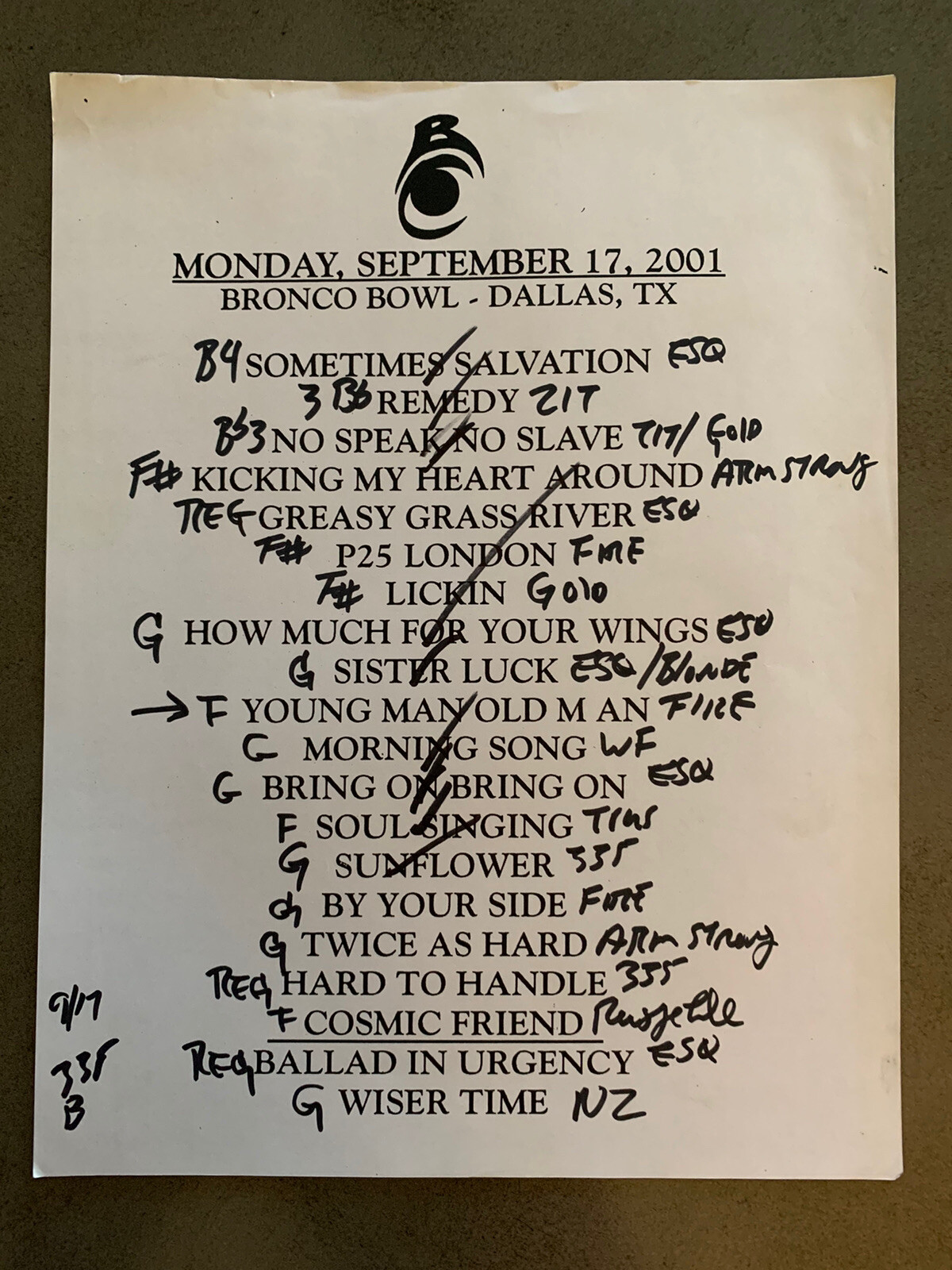 The Black Crowes 9-17-01 Tour Concert Used Set List W/ Notes Dallas, TX