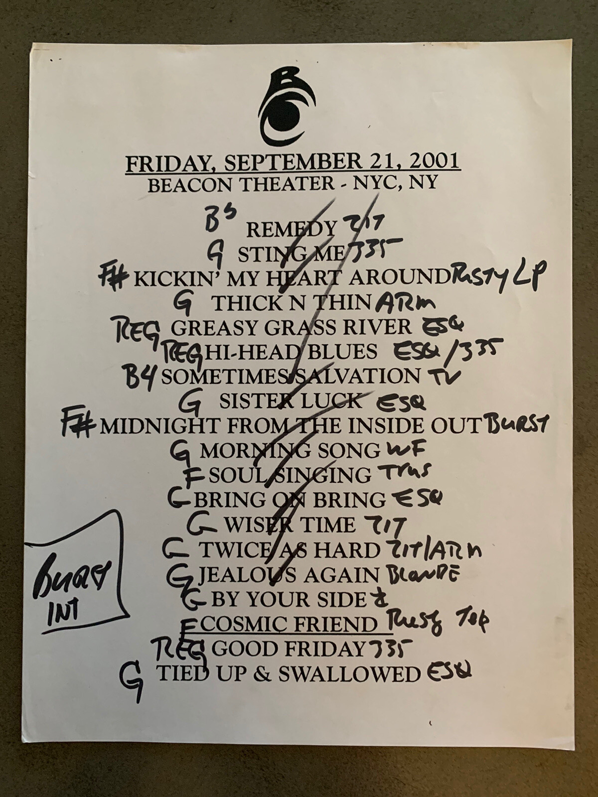 The Black Crowes 9-21-01 Tour Concert Used Set List W/ Notes Beacon NYC, NY