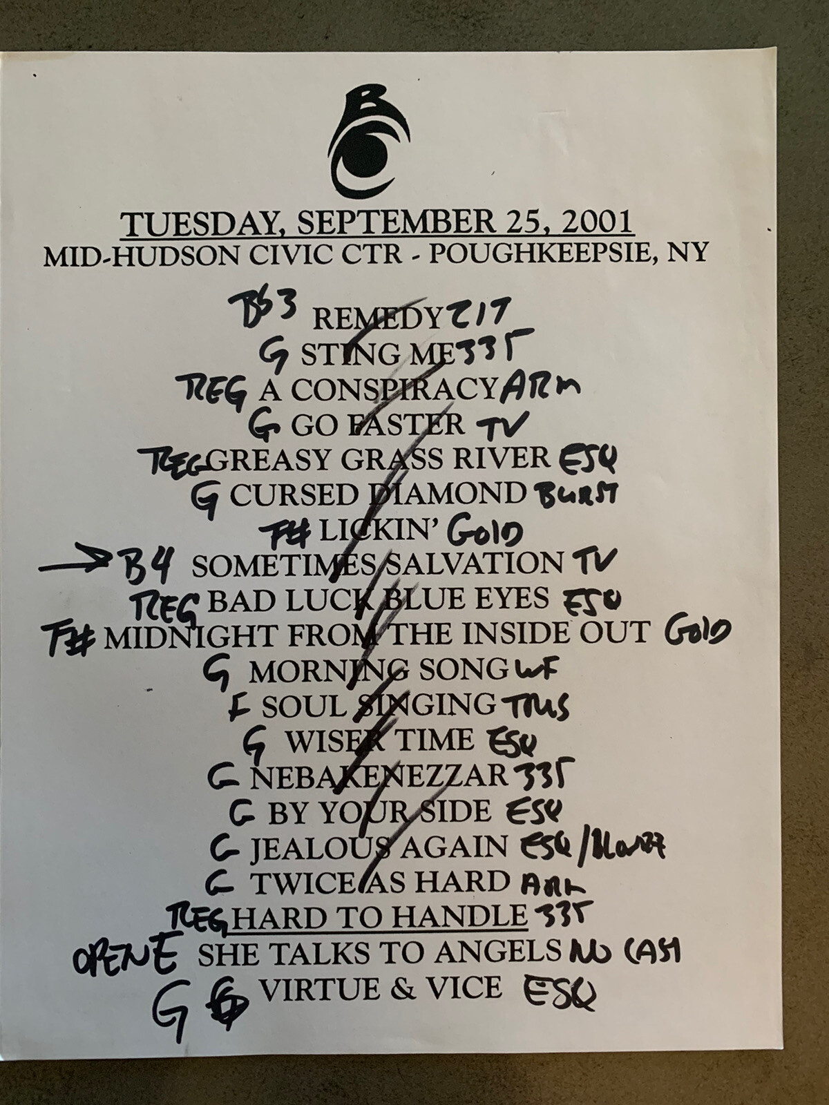 The Black Crowes 9-25-01 Tour Concert Used Set List W/ Notes Poughkeepsie, NY