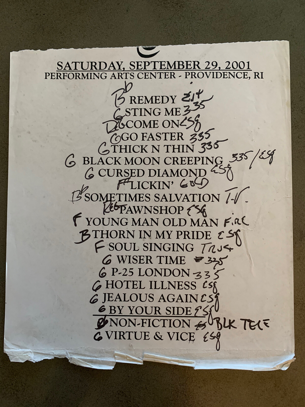 The Black Crowes 9-29-01 Tour Concert Used Set List W/ Notes Providence, RI