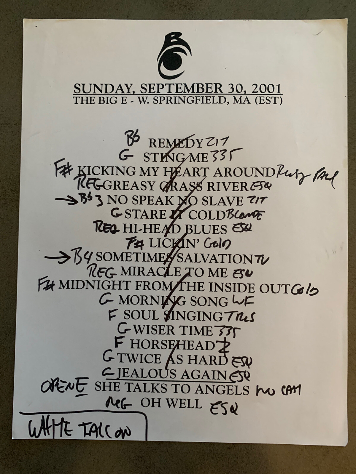 The Black Crowes 9-30-01 Tour Concert Used Set List W/ Notes Springfield, MA