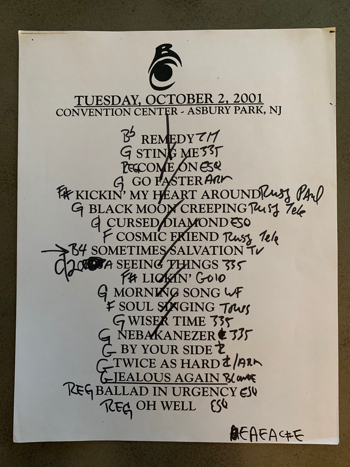 The Black Crowes 10-2-01 Tour Concert Used Set List W/ Notes Asbury Park, NJ