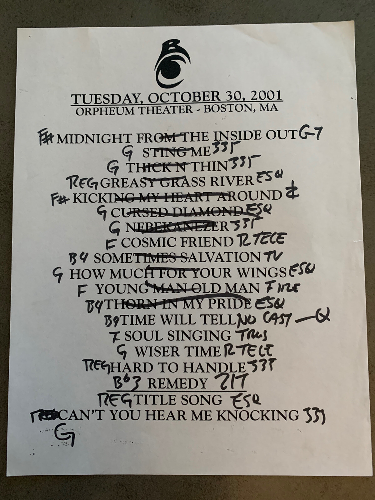 The Black Crowes 10-30-01 Tour Concert Used Set List W/ Notes Boston, MA