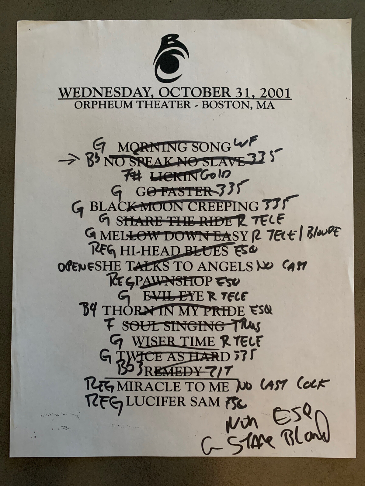 The Black Crowes 10-31-01 Tour Concert Used Set List W/ Notes Boston, MA