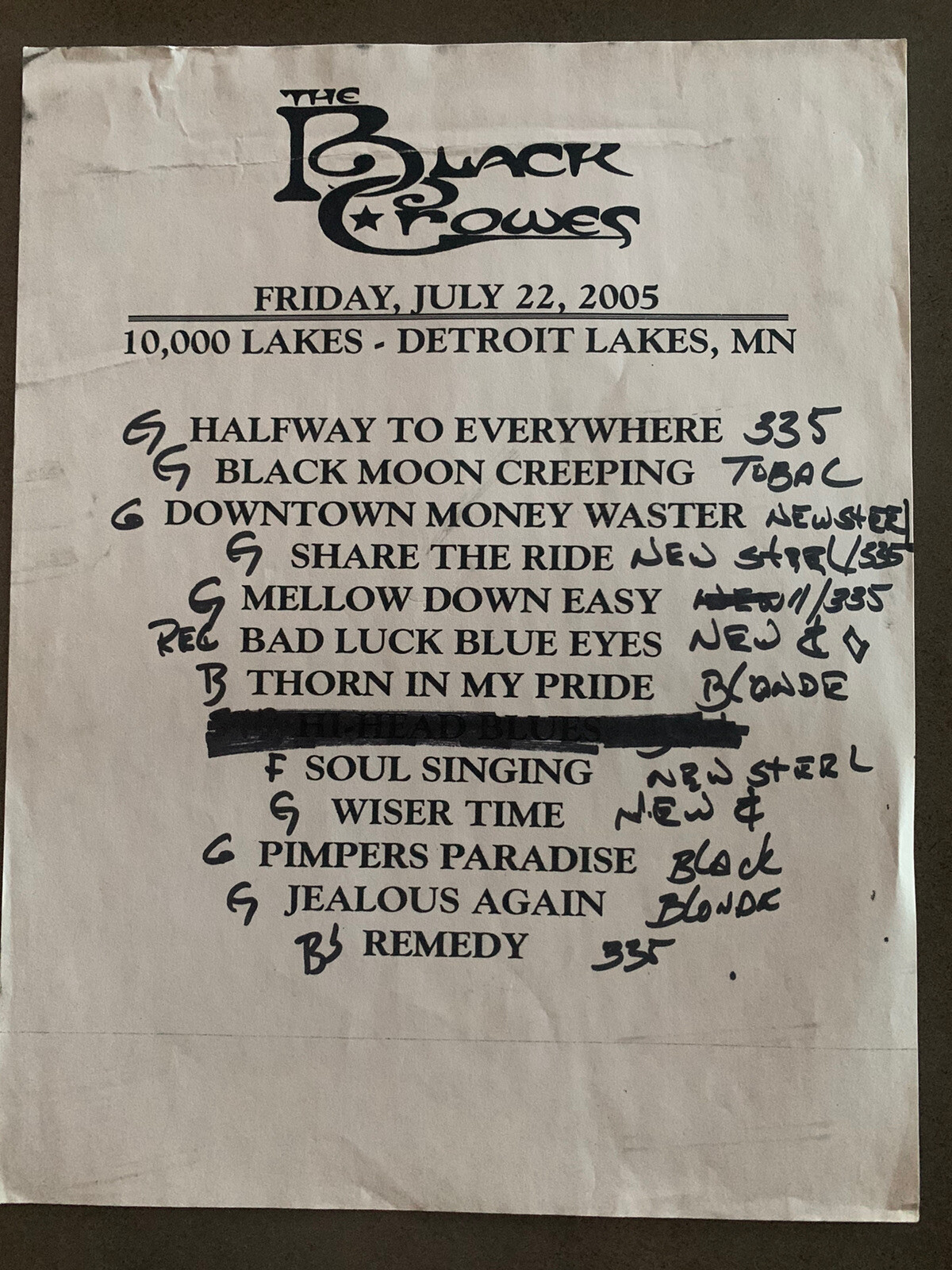 The Black Crowes 7-22-05 Tour Concert Used Set List W/ Notes Detroit Lakes, MN