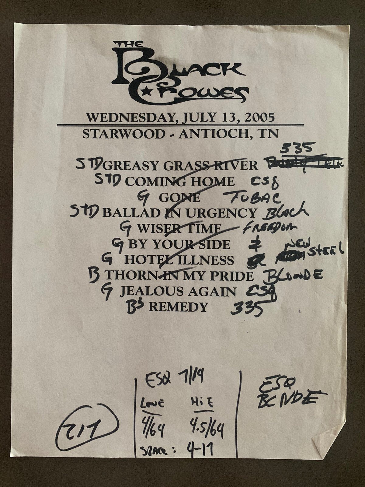 The Black Crowes 7-13-05 Tour Concert Used Set List W/ Notes Antioch, TN
