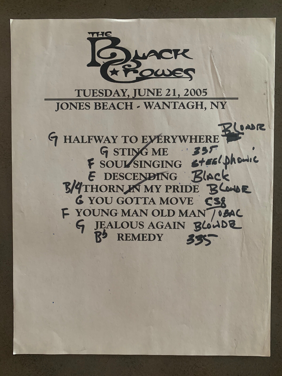 The Black Crowes 6-21-05 Tour Concert Used Set List W/ Notes Wantagh, NY