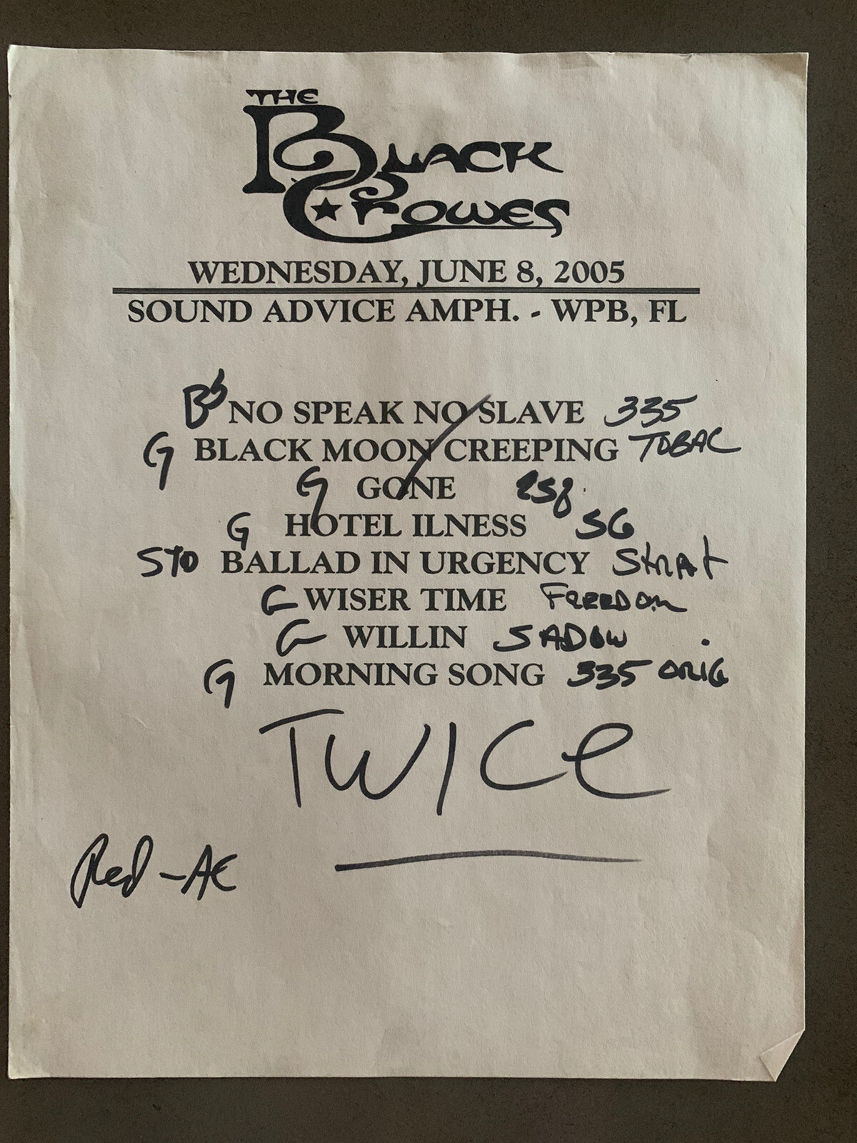 The Black Crowes 6-8-05 Tour Concert Used Set List W/ Notes West Palm Beach , FL