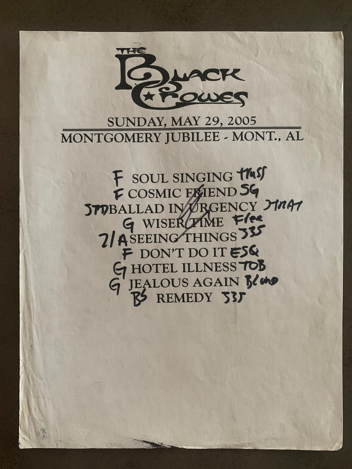 The Black Crowes 5-29-05 Tour Concert Used Set List W/ Notes Montgomery, AL