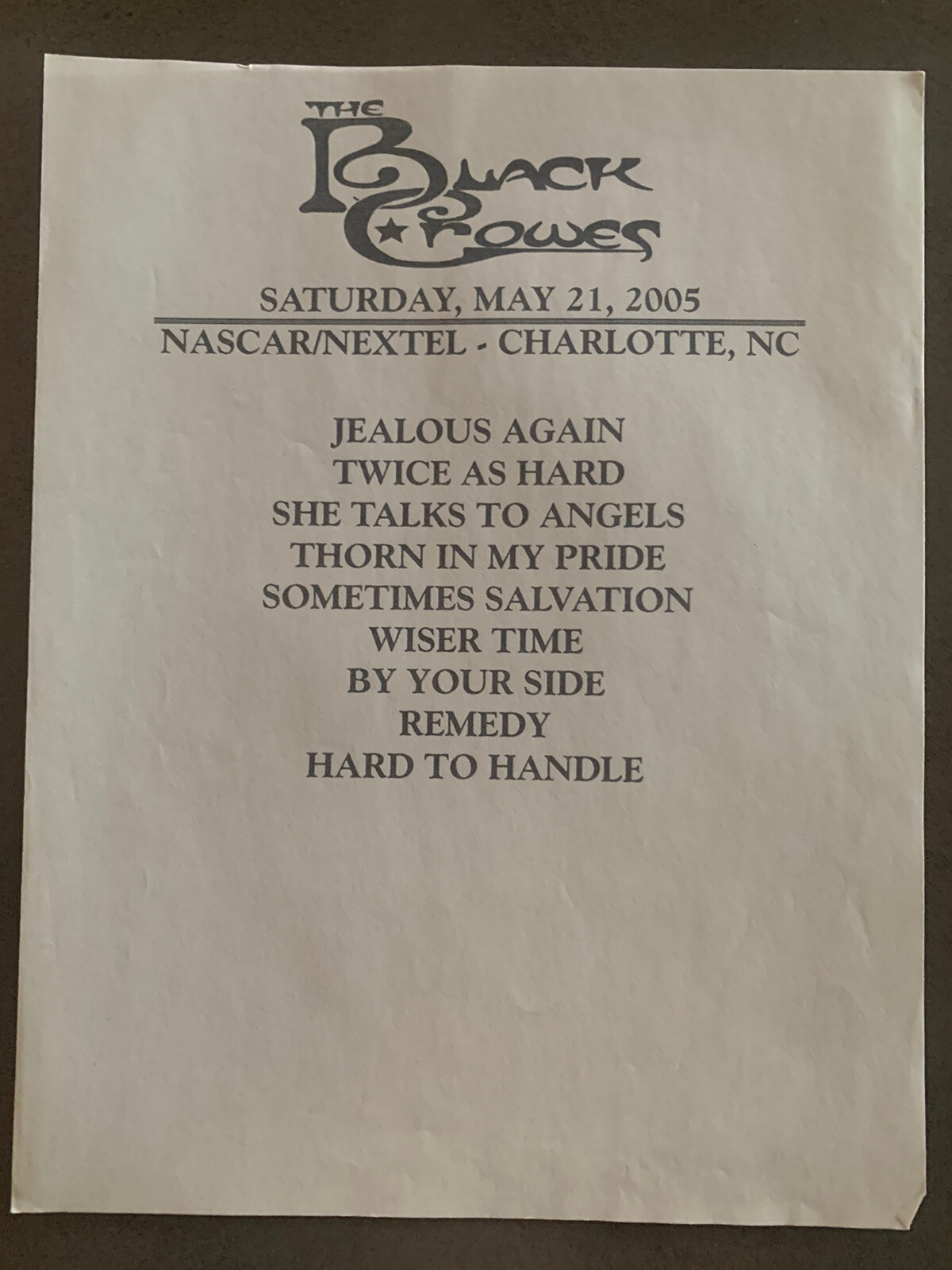 The Black Crowes 5-21-05 Tour Concert Used Set List Charlotte , NC