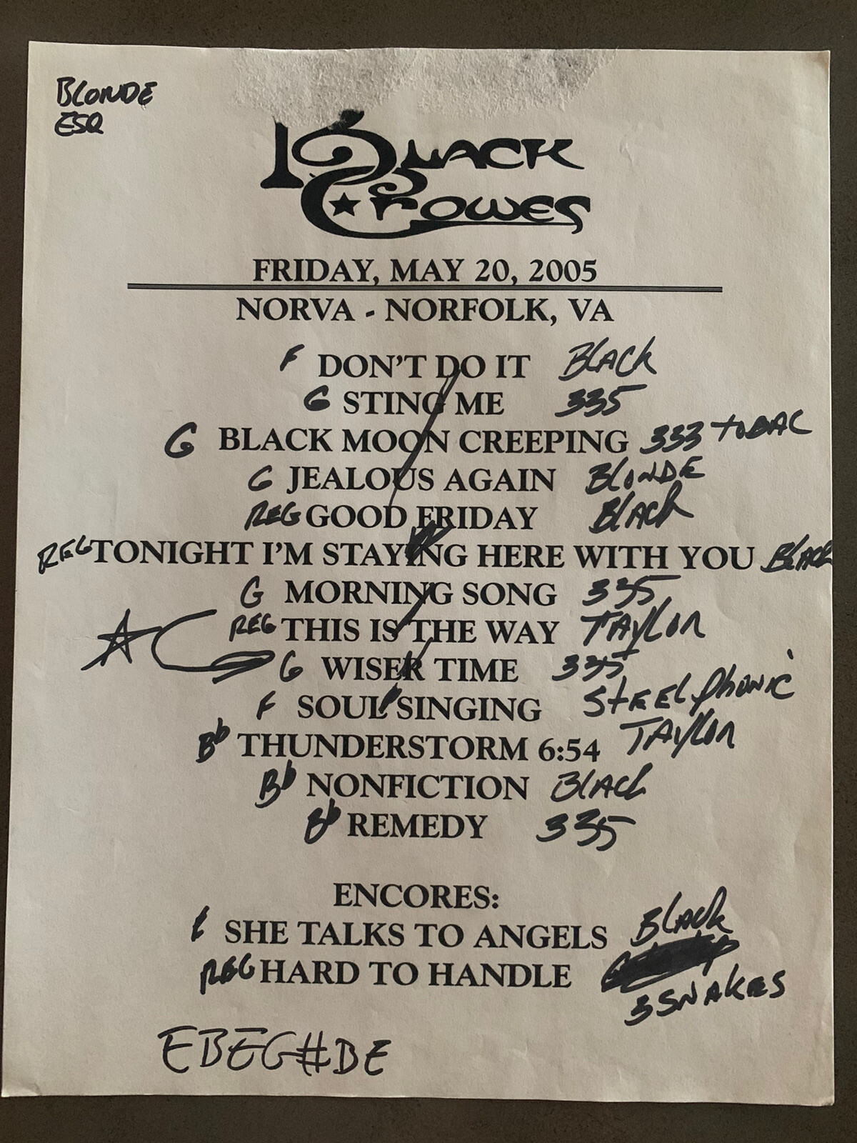 The Black Crowes 5-20-05 Tour Concert Used Set List W/ Notes Norfolk, VA